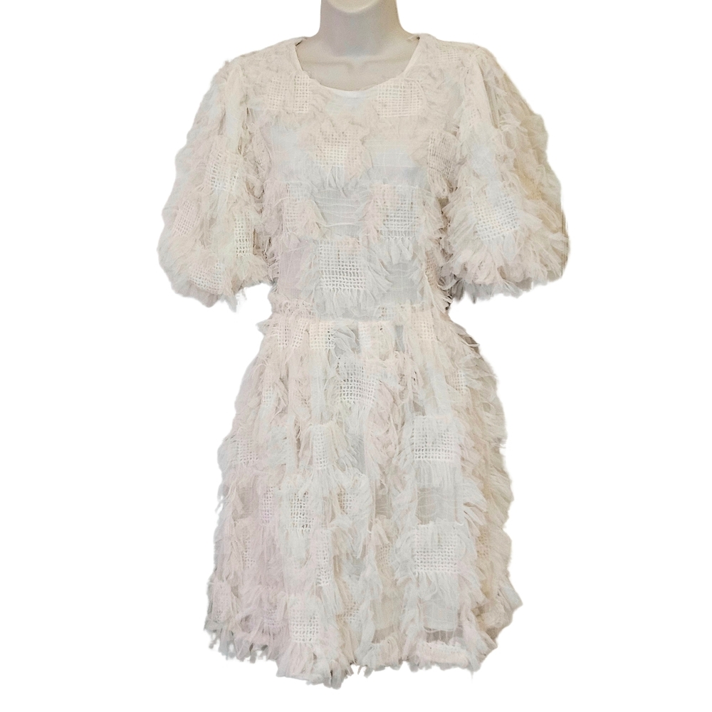 Endless Rose Cream Abstract Textured Mesh Puff Sleeve Mini Dress,Medium